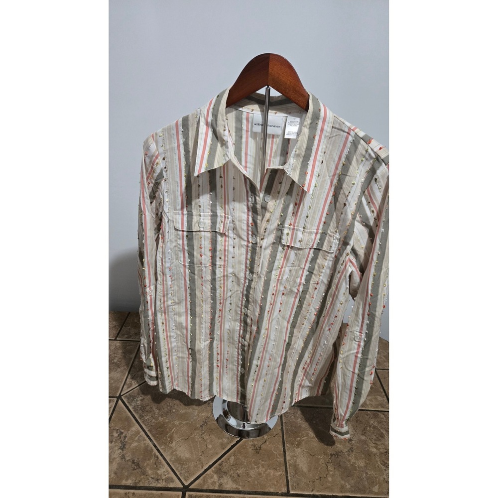 Alfred Dunner Green Pink Stripe Artsy Front Button Blouse Sz 12